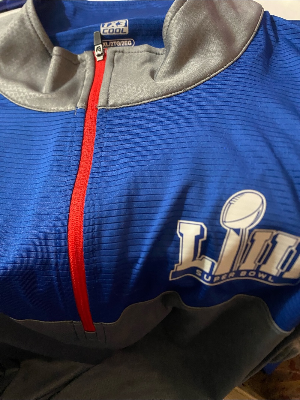 NFL Long Sleeve Polyester Super Bowl Blue and Gray Performance with Red Zipp